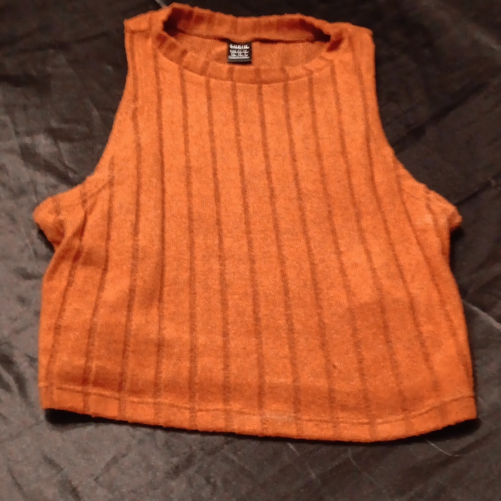 Shein, rust colored, sleeveless, crew neck blouse.